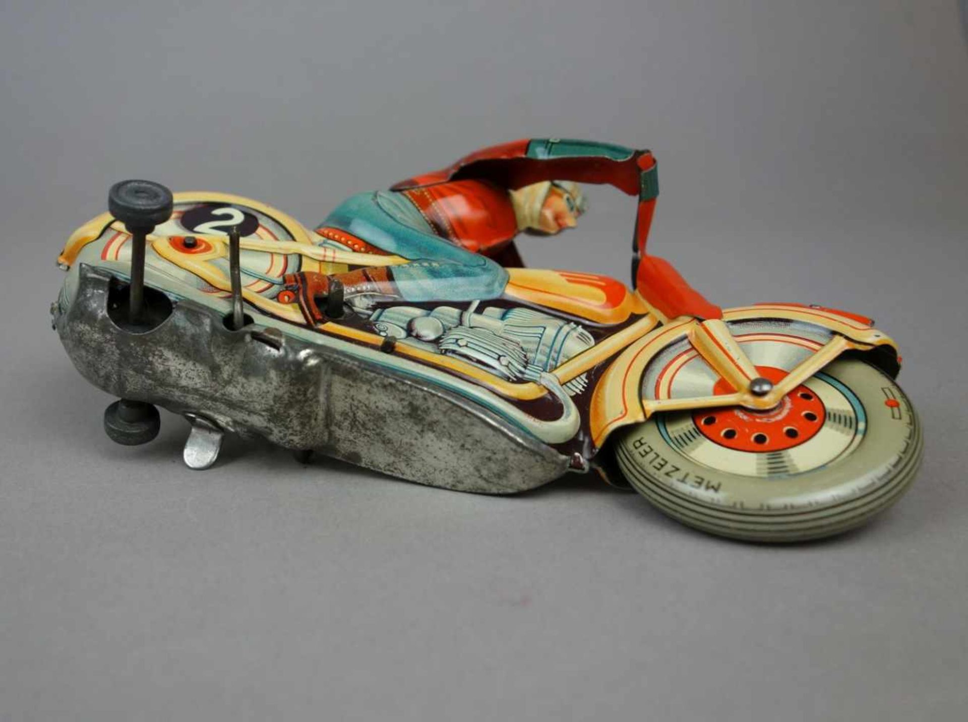 BLECHSPIELZEUG: TECHNOFIX MOTORRAD / MOTORRADFAHRER / tin toy bike, Mitte 20. Jh., Manufaktur - Bild 7 aus 7