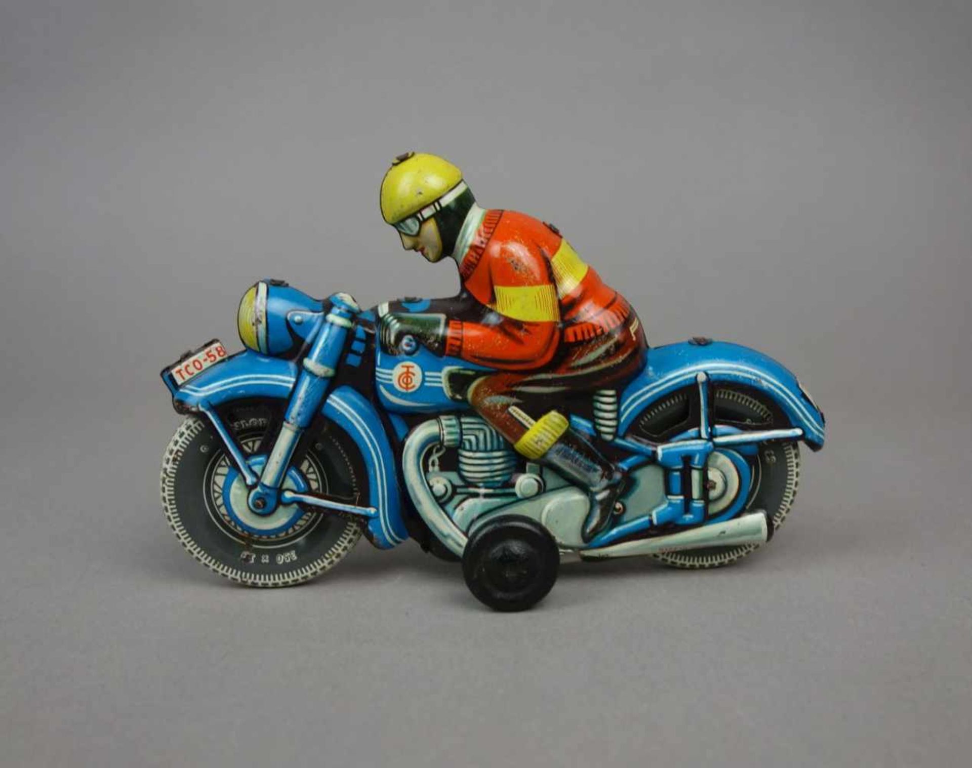 BLECHSPIELZEUG: TIPPCO MOTORRAD / MOTORRADFAHRER / tin toy bike, Mitte 20. Jh., Manufaktur Tippco.