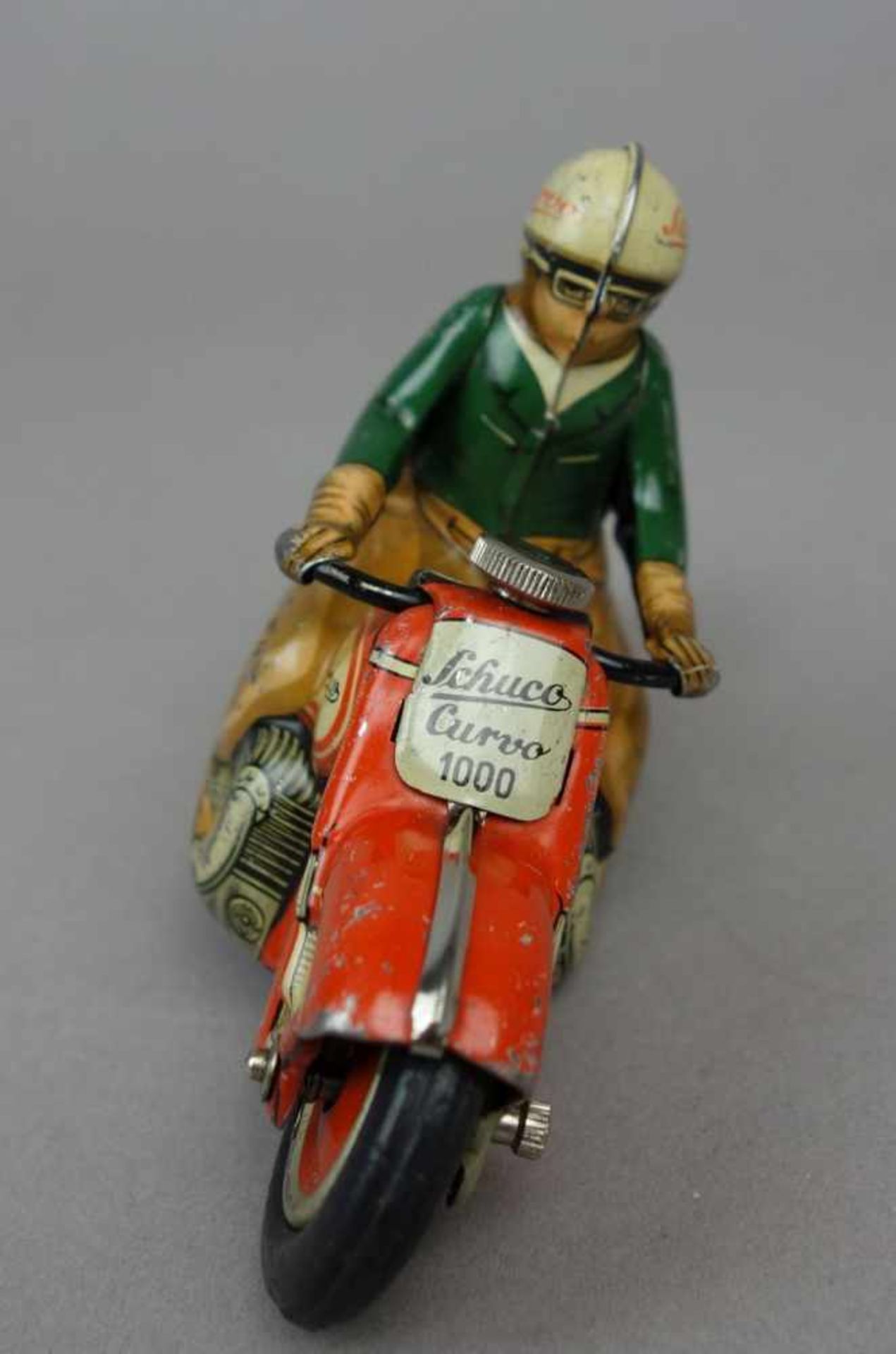 BLECHSPIELZEUG: SCHUCO MOTORRAD MIT BELEUCHTUNG / MOTORRADFAHRER / tin toy bike, Mitte 20. Jh. / - Bild 3 aus 6