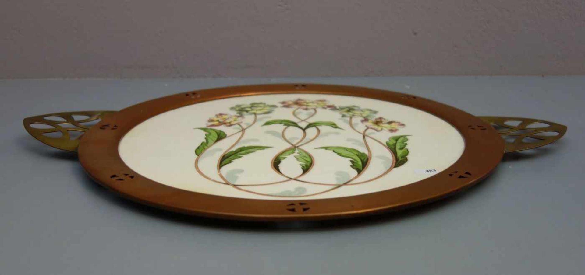 JUGENDSTIL TORTENPLATTE / SERVIERPLATTE / art nouveau cake plate, um 1900, Messing, Kupfer und - Bild 2 aus 3