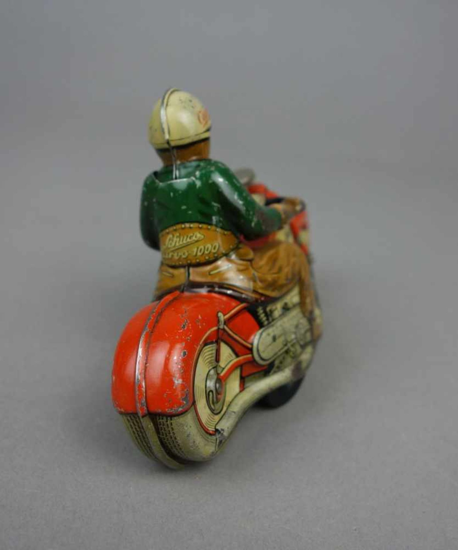 BLECHSPIELZEUG: SCHUCO MOTORRAD MIT BELEUCHTUNG / MOTORRADFAHRER / tin toy bike, Mitte 20. Jh. / - Bild 6 aus 6