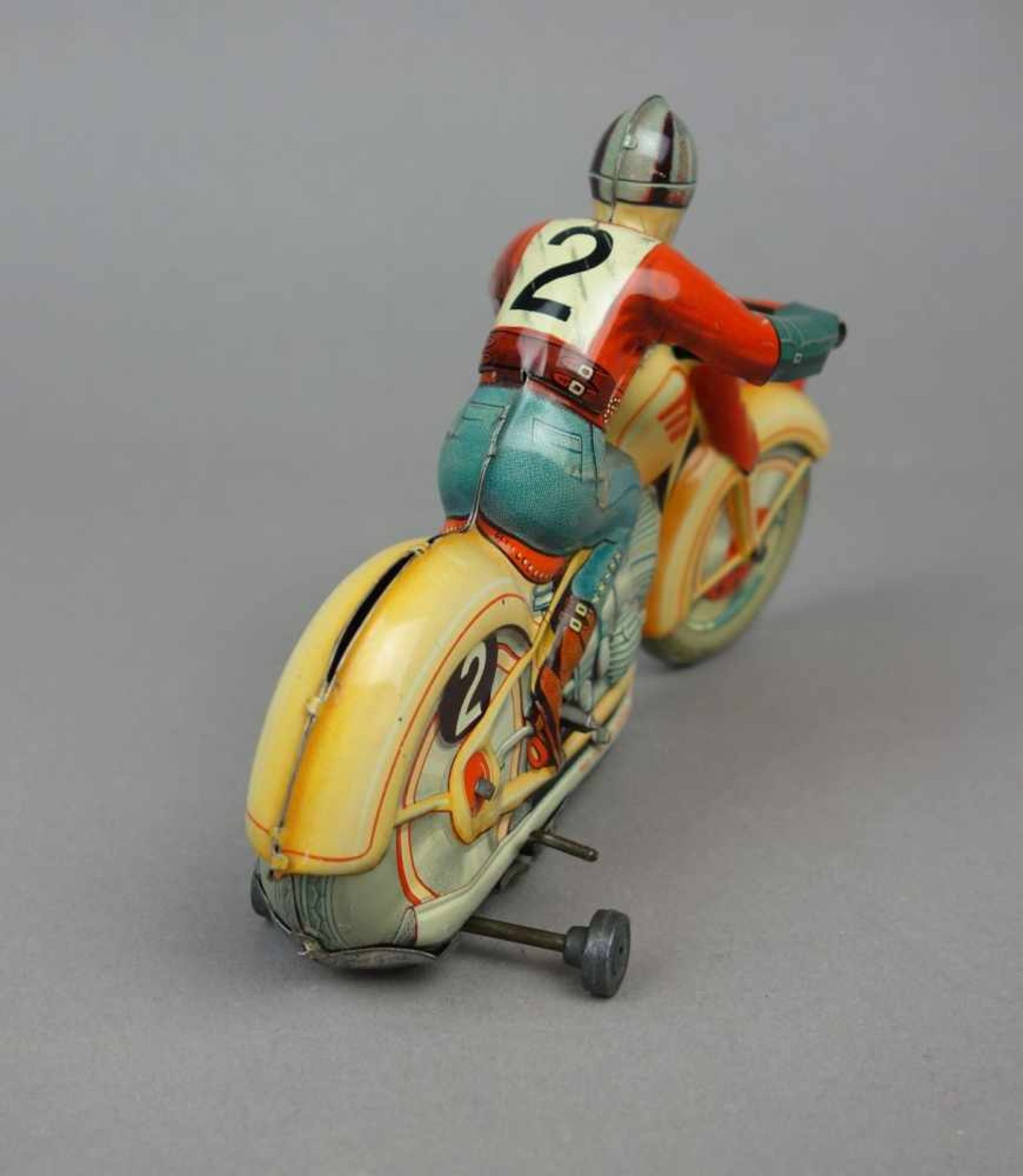 BLECHSPIELZEUG: TECHNOFIX MOTORRAD / MOTORRADFAHRER / tin toy bike, Mitte 20. Jh., Manufaktur - Bild 6 aus 7