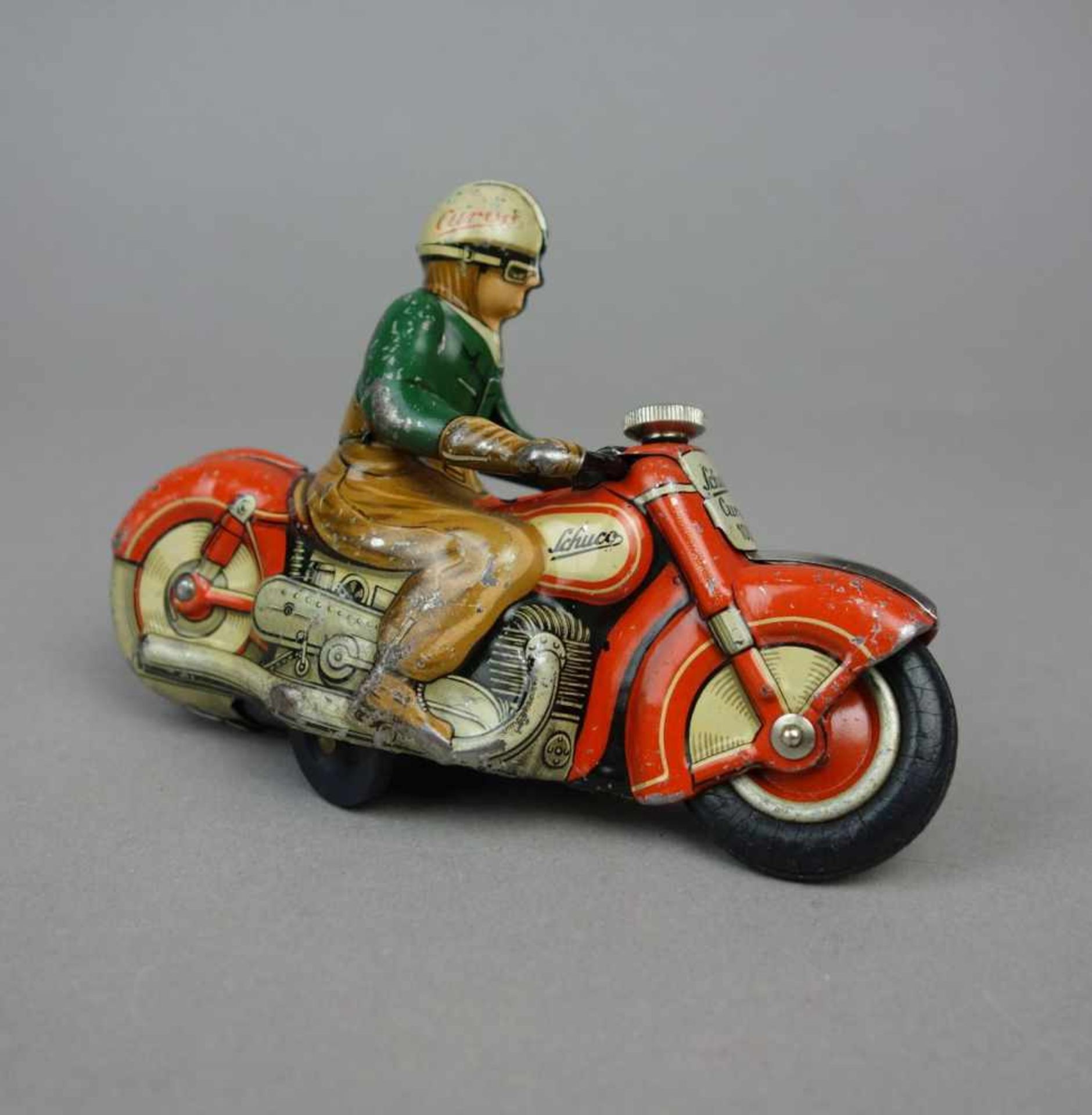 BLECHSPIELZEUG: SCHUCO MOTORRAD MIT BELEUCHTUNG / MOTORRADFAHRER / tin toy bike, Mitte 20. Jh. / - Bild 2 aus 6