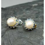 PAAR PERLEN - OHRSTECKER / earstuds, (Perlen-D. 8 mm), Perlen jeweils umgeben von hellblauen Steinen
