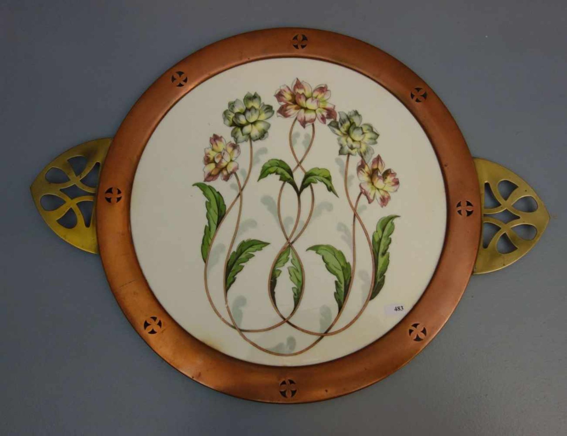 JUGENDSTIL TORTENPLATTE / SERVIERPLATTE / art nouveau cake plate, um 1900, Messing, Kupfer und