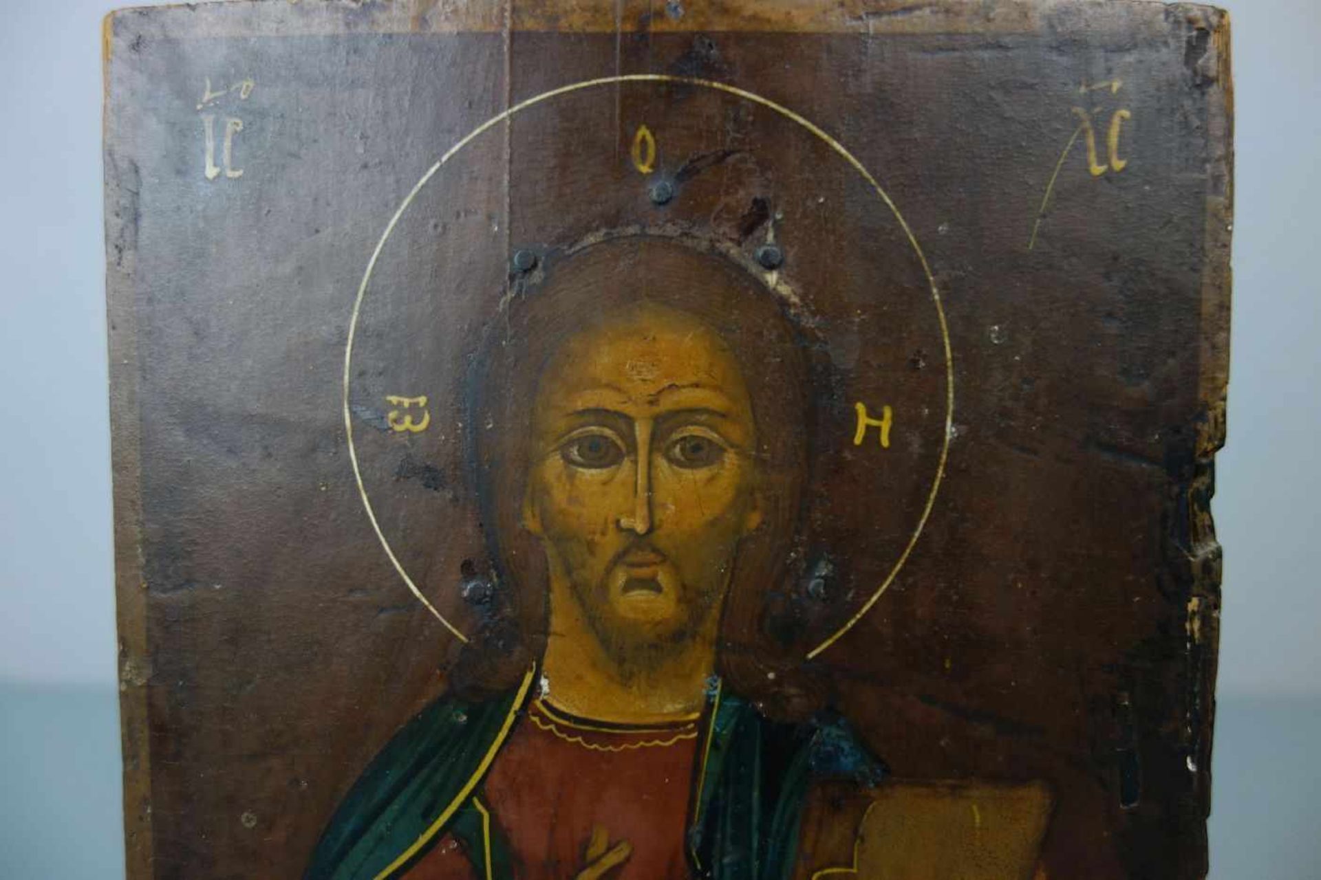 IKONE : Christus Pantokrator / icon, Tempera über Kreidegrund auf Holz, wohl 19. Jh., polychrom - Bild 2 aus 5