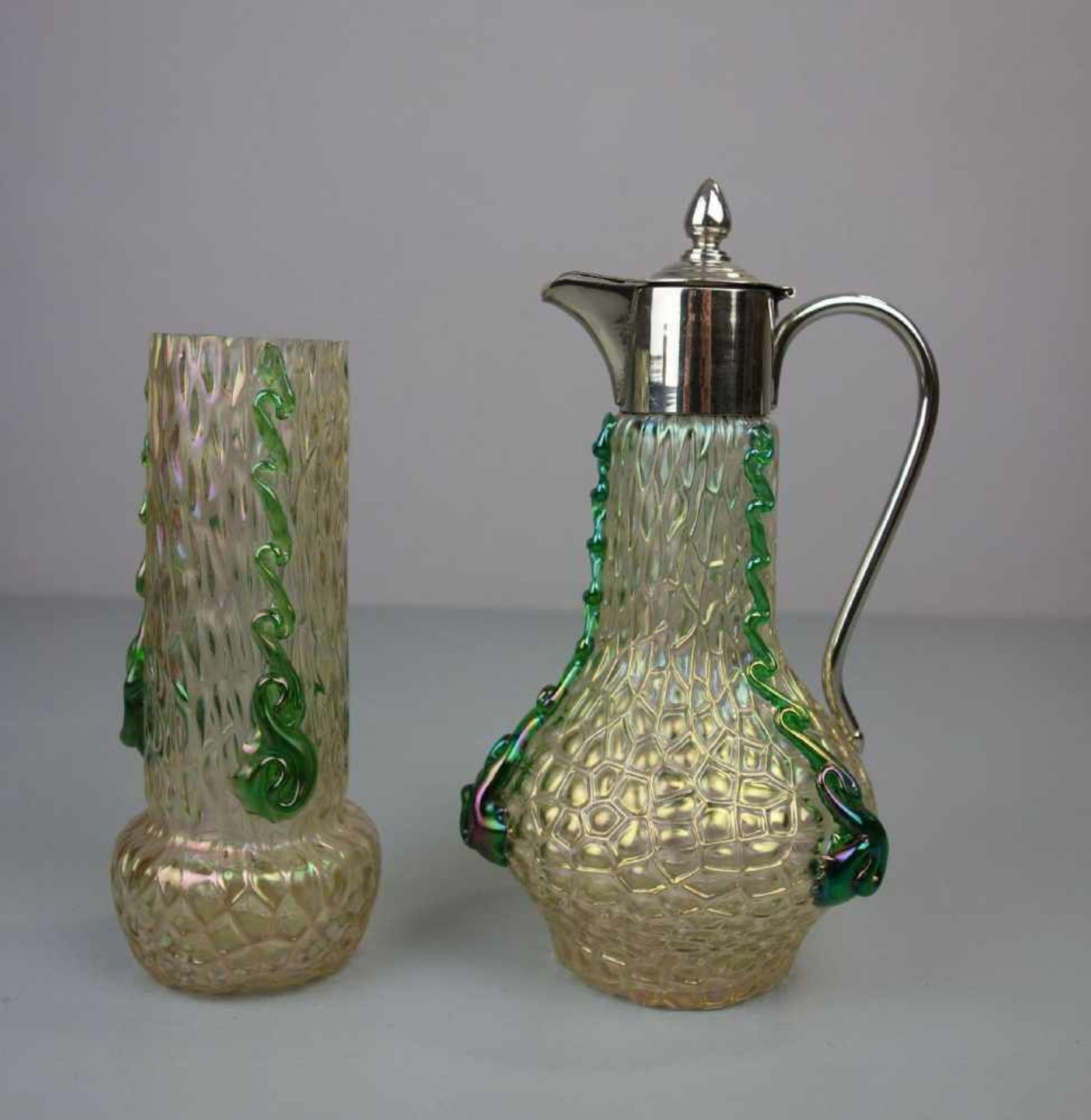 JUGENDSTIL - KARAFFE UND VASE "NAUTILUS", Glas, LOETZ Wwe., KLOSTERMÜHLE um 1900/1910, Dekor "