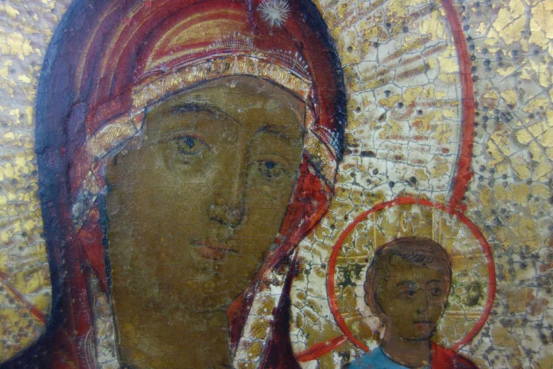 IKONE "Gottesmutter mit Kind und heiligem Nikolaus" / icon, Tempera über Kreidegrund auf Holz, - Bild 3 aus 6