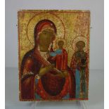 IKONE "Gottesmutter mit Kind und heiligem Nikolaus" / icon, Tempera über Kreidegrund auf Holz,