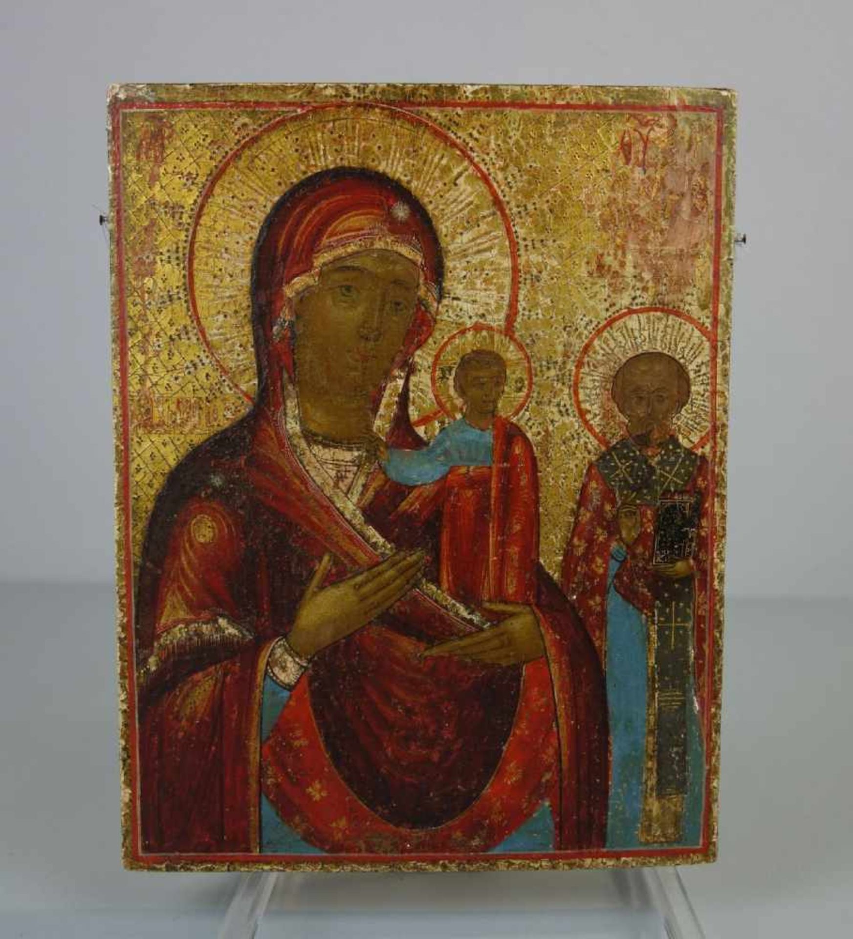 IKONE "Gottesmutter mit Kind und heiligem Nikolaus" / icon, Tempera über Kreidegrund auf Holz,