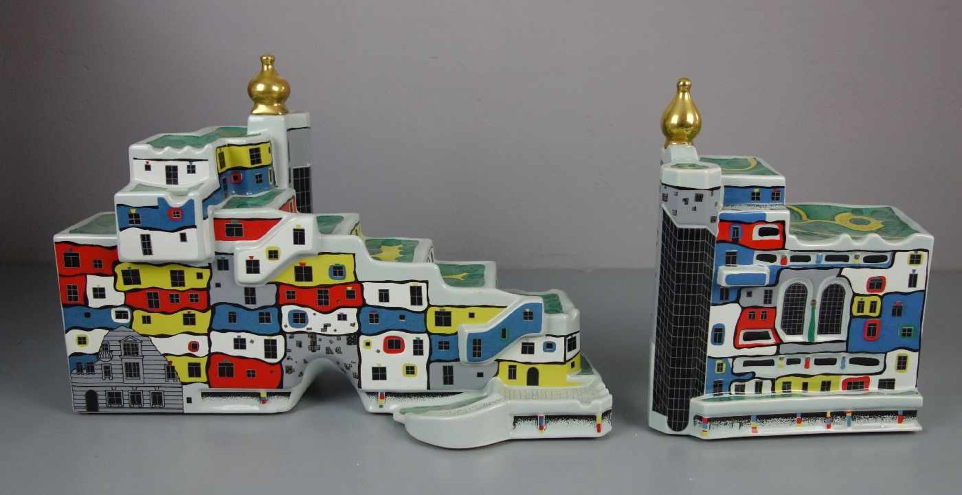 PORZELLANOBJEKT: DAS HUNDERTWASSERHAUS - KUNSTHAUS WIEN, 1983 - 85 - 91, Porzellan, zweiteilig, - Image 3 of 4