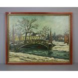 MALER DES 20. /21. JH., Gemälde / painting: "Winterliche Stadtansicht mit Brücke", Öl auf