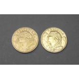 2 GOLDMÜNZEN: 20 FRANKEN / two gold coins, Schweiz, 1915 und 1947, jeweils 900er Gold (6,4 Gramm und