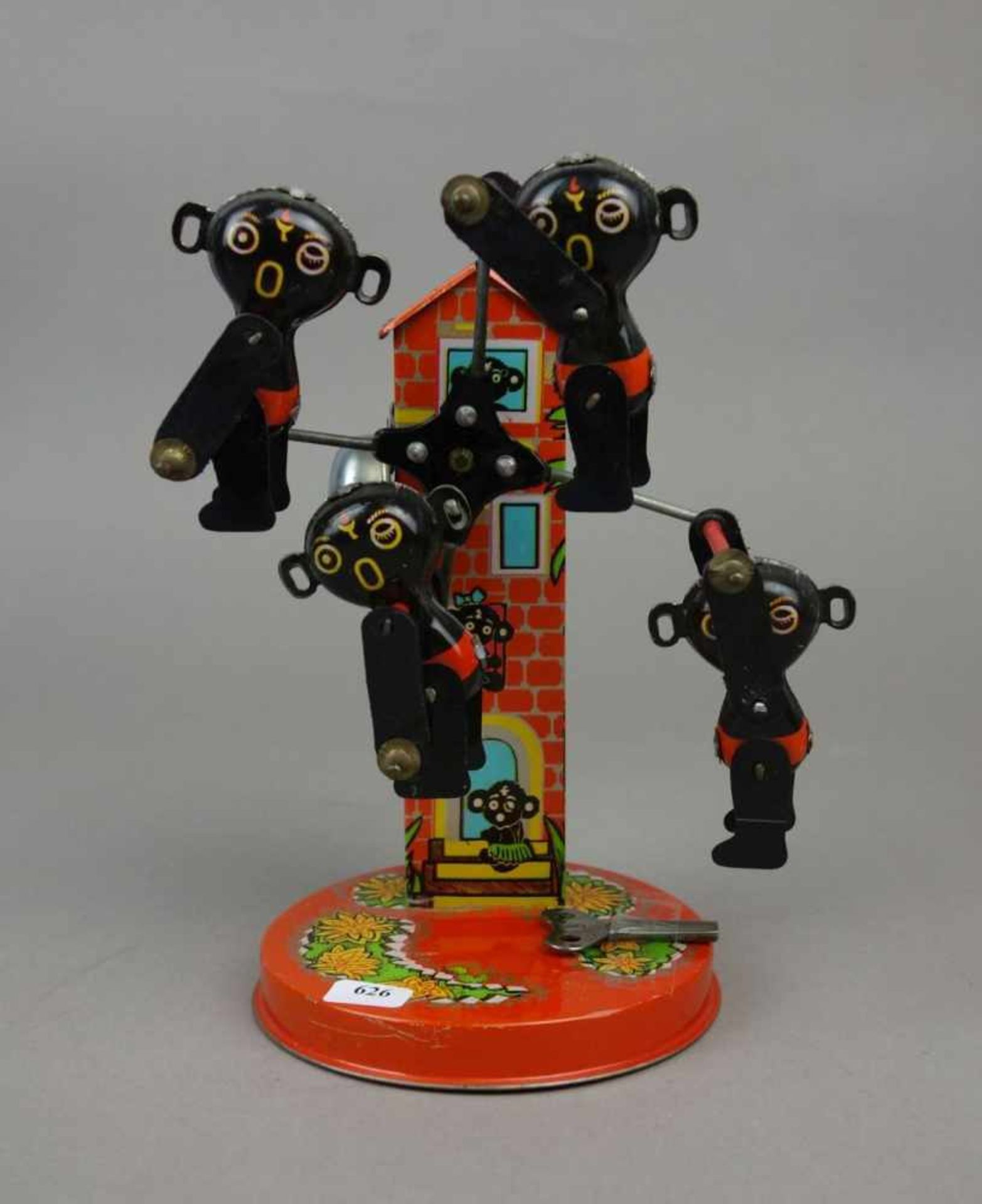 BLECHSPIELZEUG: Karussell / "Affenschaukel" / tin toy carousel with apes, Blech, polychrom