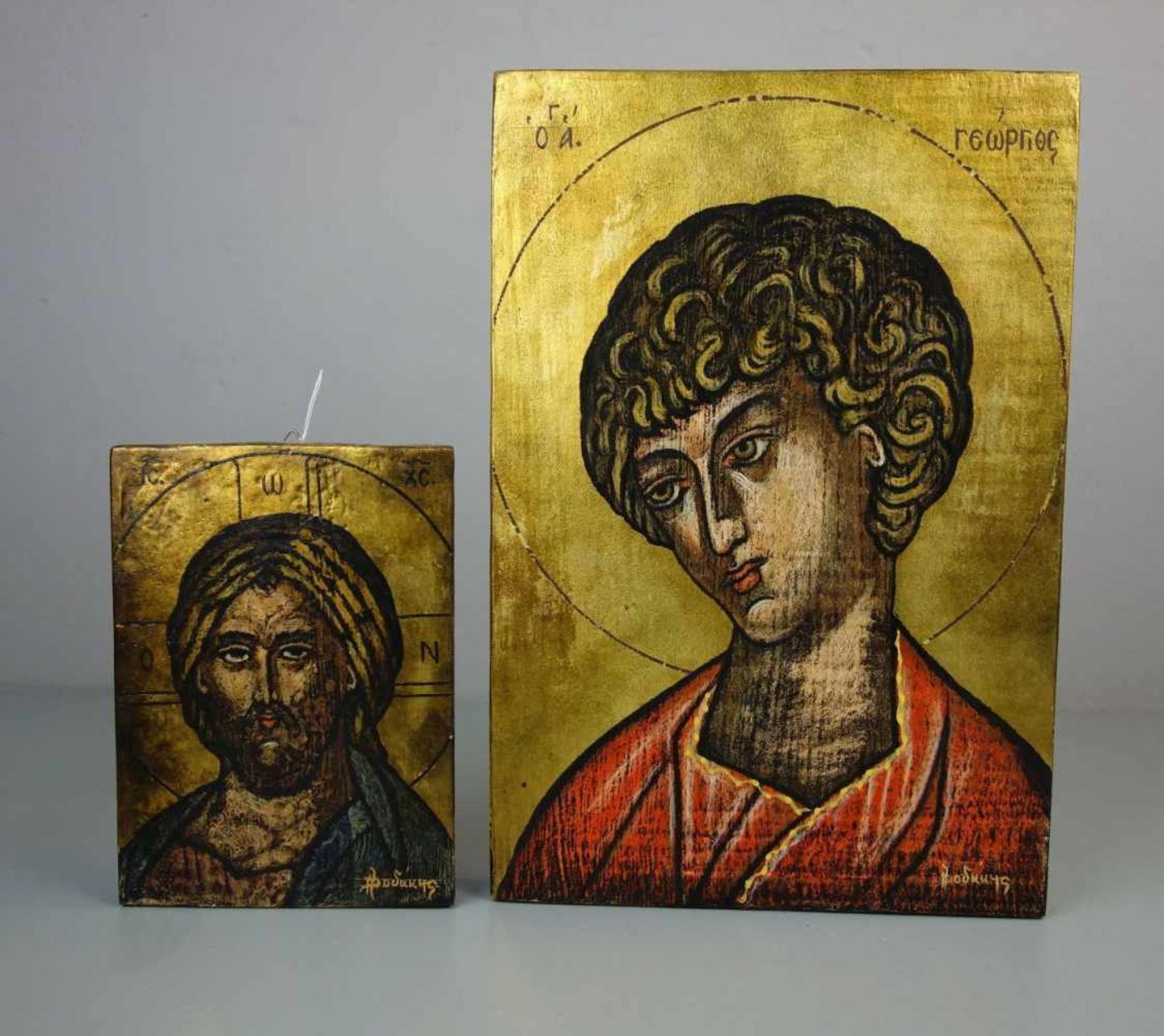 ZWEI IKONEN "Christus" und "Hl. Georg von Kappadokien" / two icons, Tempera auf Holz mit