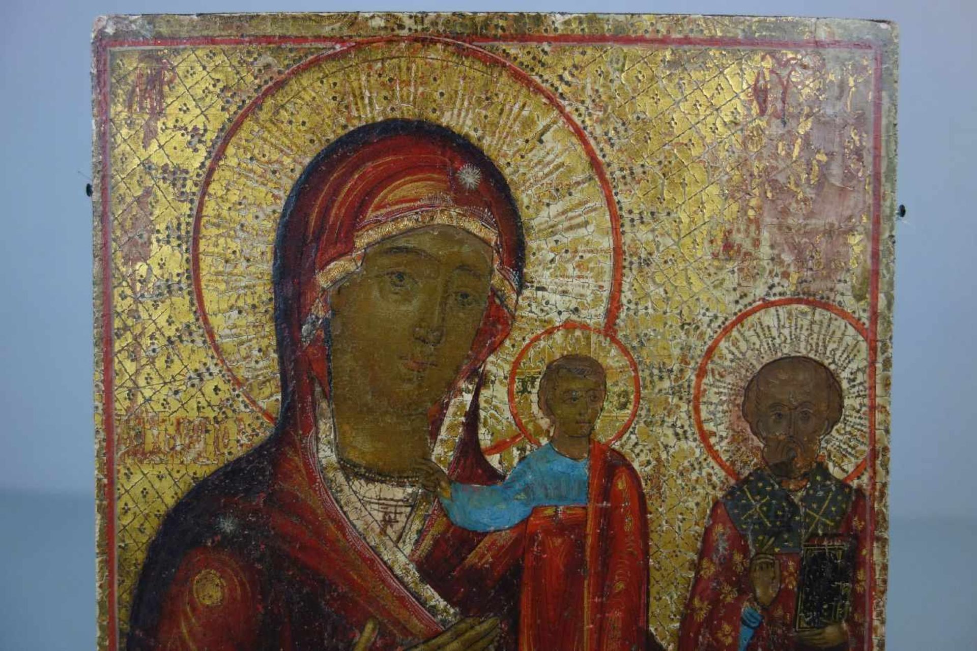 IKONE "Gottesmutter mit Kind und heiligem Nikolaus" / icon, Tempera über Kreidegrund auf Holz, - Bild 2 aus 6