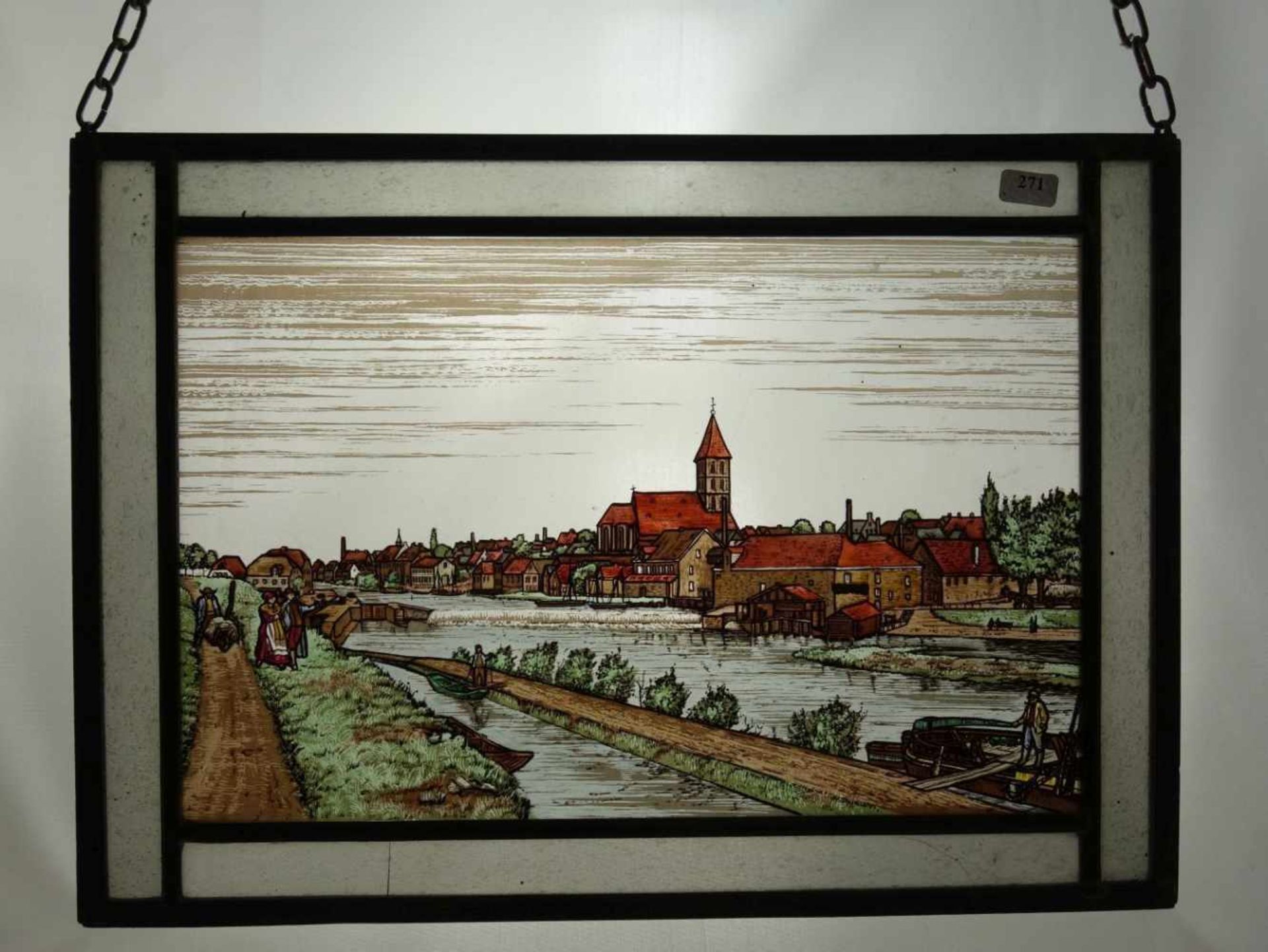 GLASMALEREI / FENSTERBILD "Stadtvedute Rheine", mit Kettenaufhängung. 24 x 33,8 cm.