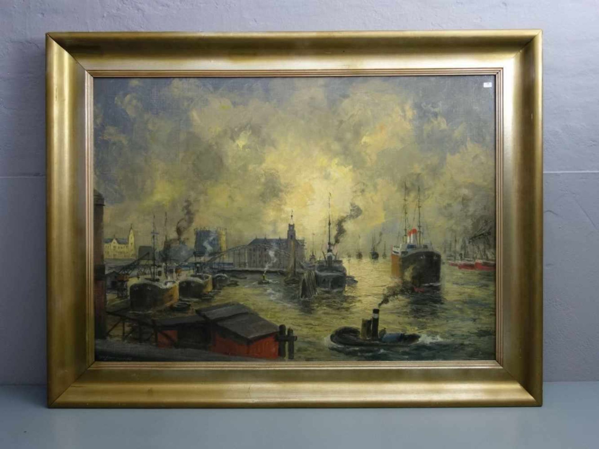 ERHARDT, F. (deutscher Marinemaler, 19./20. Jh.), Gemälde / painting: "Industriehafen / Hamburger