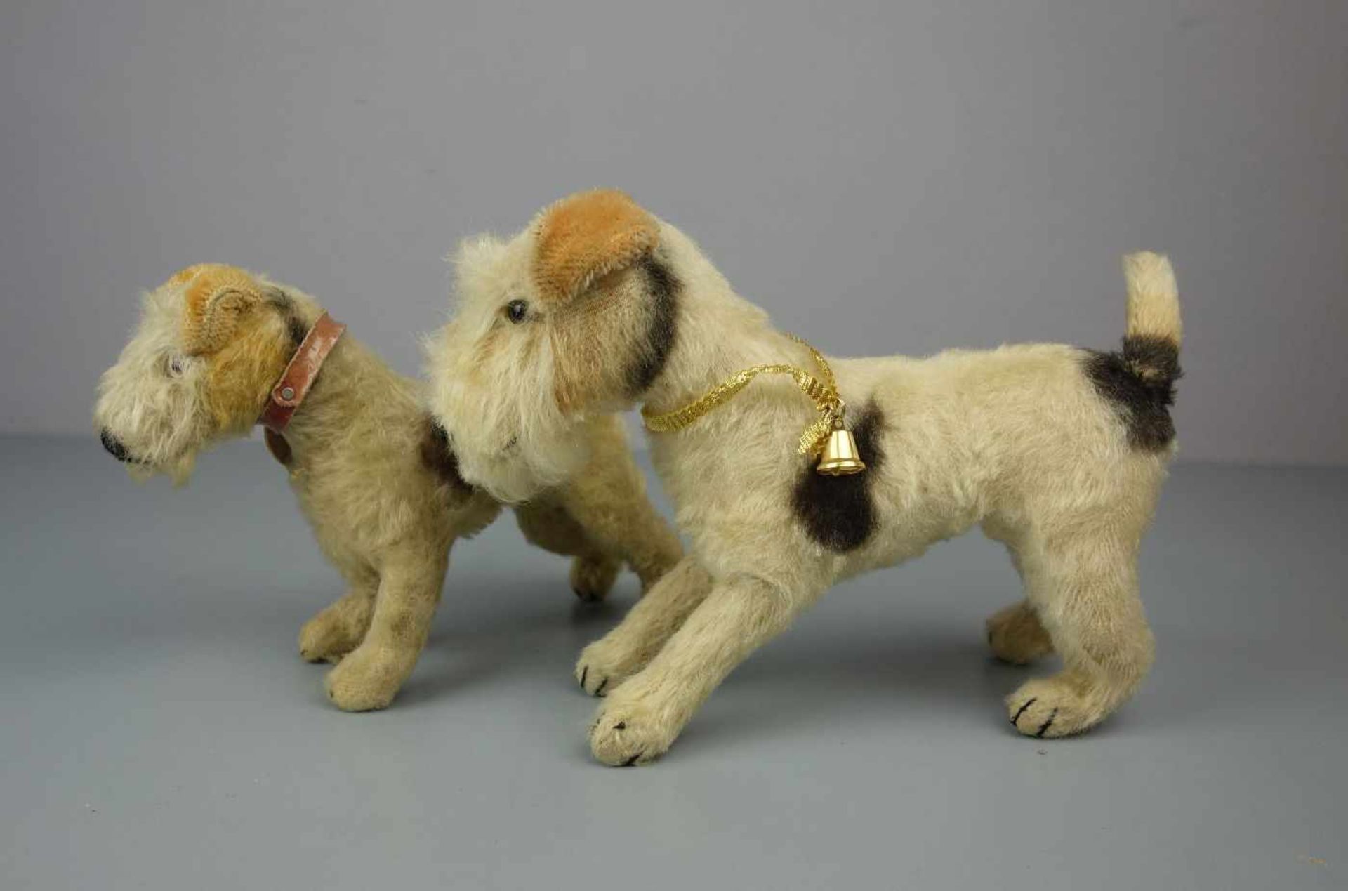 2 PLÜSCHTIERE: TERRIER / HUNDE / two cuddle toy dogs, um 1955. 1) Steiff-Hund "Foxy", Mohair, an