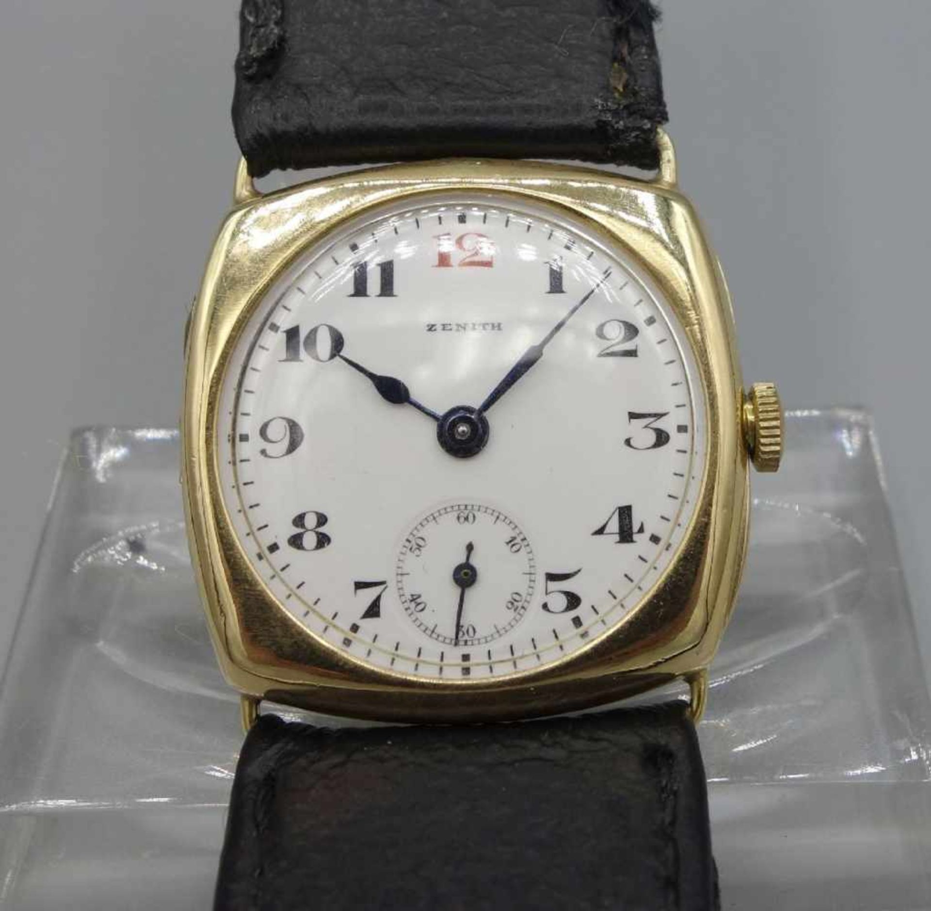 ZENITH VINTAGE ARMBANDUHR / wristwatch, um 1920, Handaufzug. Eckiges Gelb-Goldgehäuse an