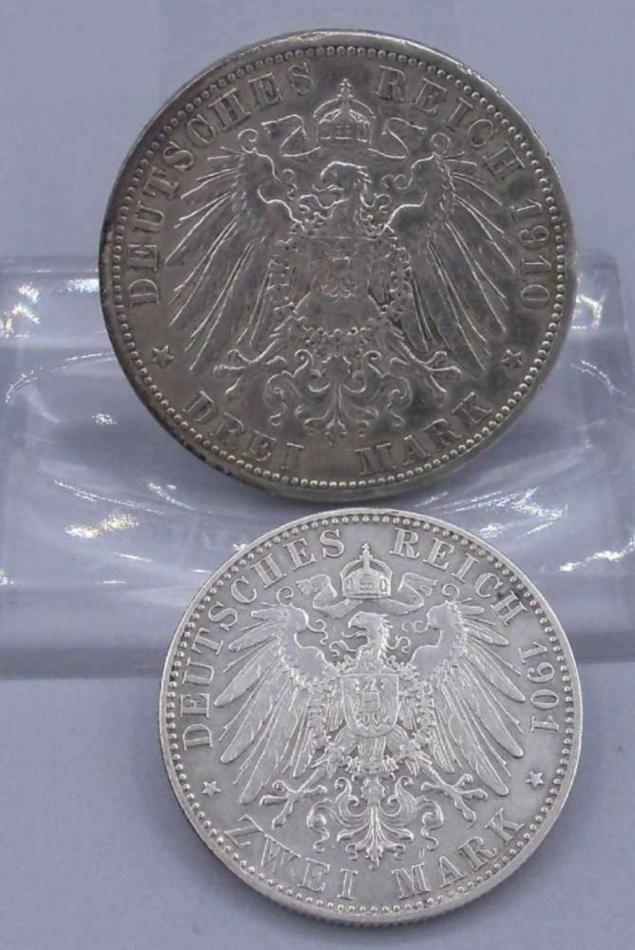 PAAR SILBER-MÜNZEN / two coins, 900 Silber. 1) Zwei Mark / 2 Mark- Deutsches Reich, 1901, D. 2,8 cm,