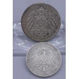 PAAR SILBER-MÜNZEN / two coins, 900 Silber. 1) Zwei Mark / 2 Mark- Deutsches Reich, 1901, D. 2,8 cm,