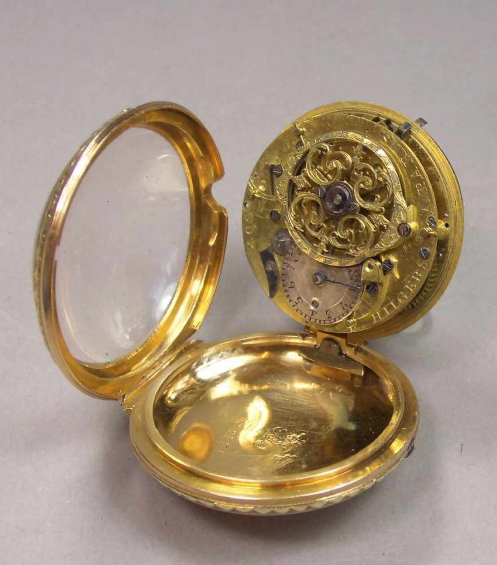 GOLDENE SPINDELTASCHENUHR / a golden pocket watch, bicolor Gold und mit französischen Punzen: - Image 9 of 12