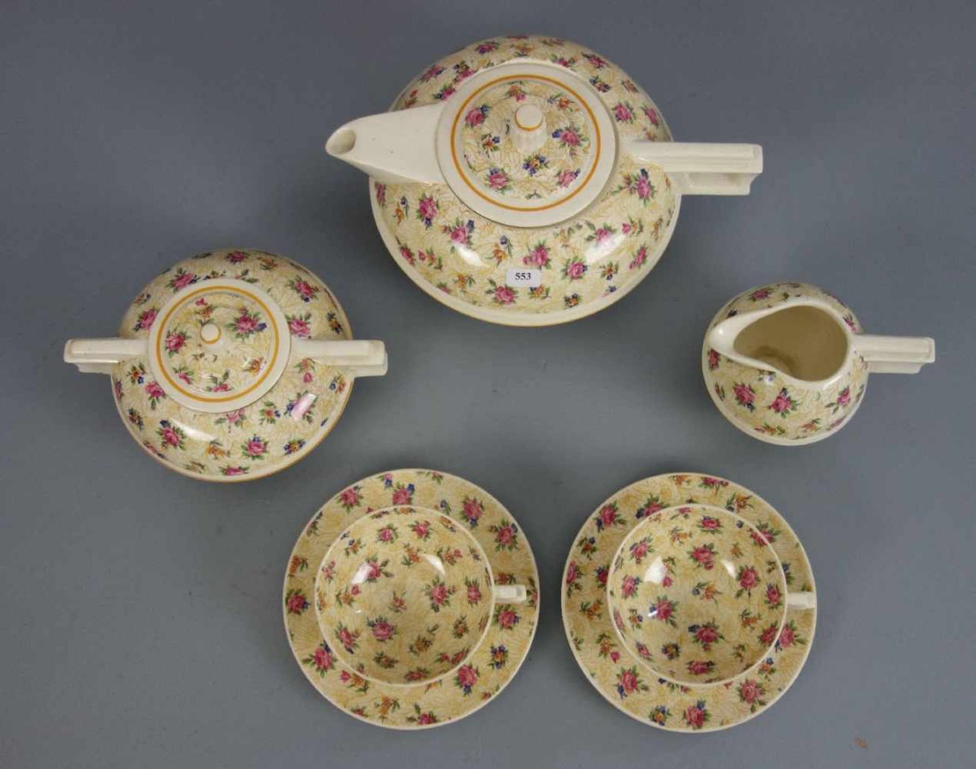 ART DÉCO TETE A TETE: Teekanne, Milchkännchen, Zuckerdose und 2 Tassen mit Untertassen, Keramik, - Image 2 of 5