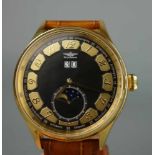 ARMBANDUHR / wristwatch, Automatik. Rundes goldfarbenes Gehäuse an hellbraunem Lederarmband.