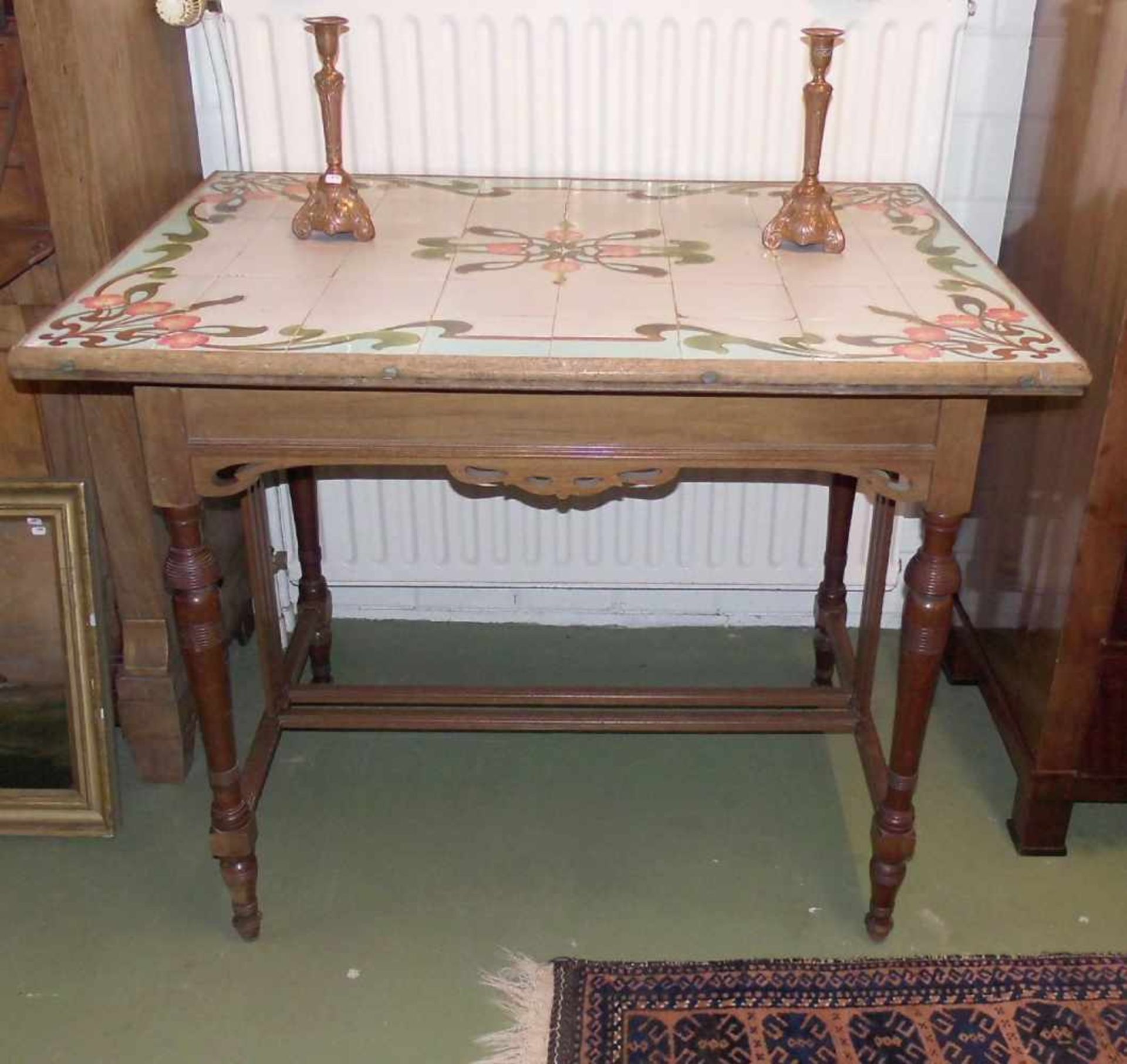 JUGENDSTIL - TISCH MIT FLIESENSPIEGEL / art nouveau table with tiles, um 1900. Profilierter