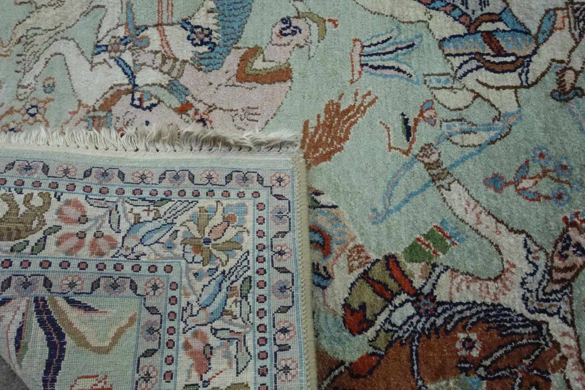 ORIENTTEPPICH / JAGDLICHER BILD-TEPPICH / carpet, Seide und Baumwolle, Indien, 2. Hälfte. 20 Jh.; - Bild 2 aus 3