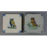 2 HOLLÄNDISCHEN FLIESEN MIT EULENMOTIV / sog. DELFTER FLIESEN / DELFTER KACHELN / two delft tiles