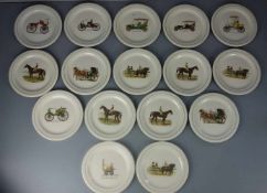 KONVOLUT TELLER / plates mit Oldtimer-, Pferde- und Kutschenmotiven, Fayence, Faïencerie de Gien,
