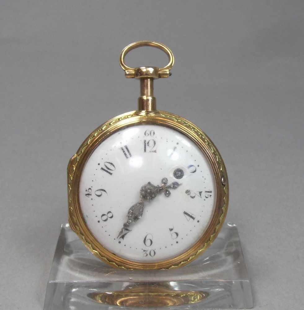 GOLDENE SPINDELTASCHENUHR / a golden pocket watch, bicolor Gold und mit französischen Punzen: