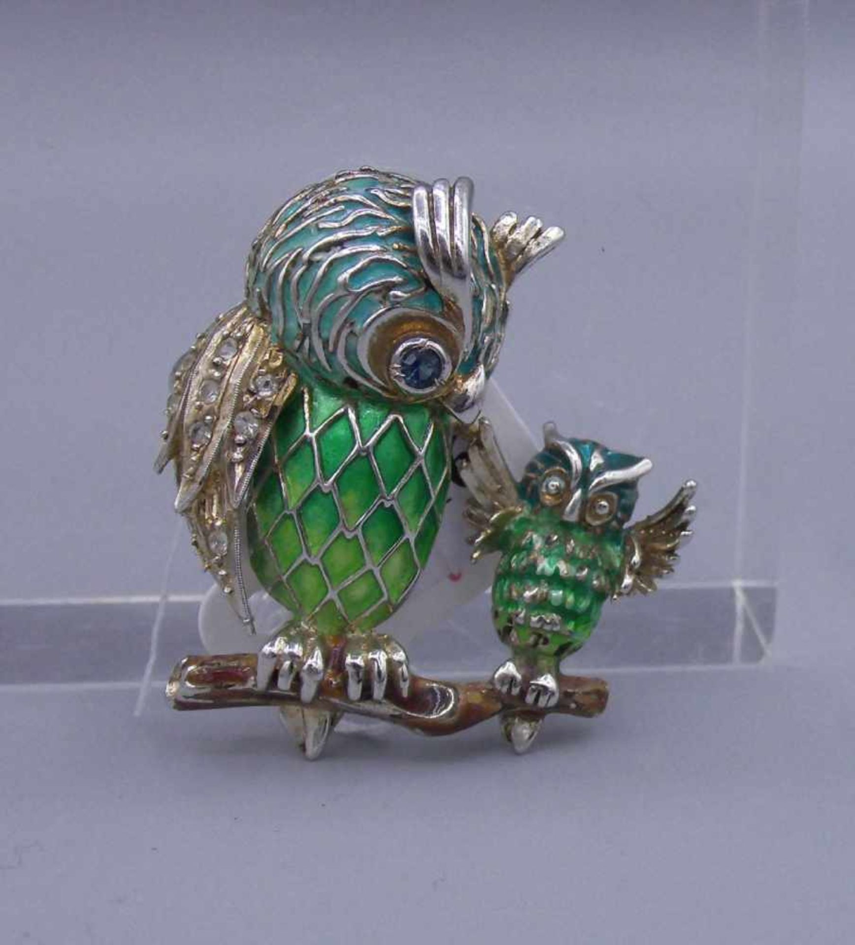 FIGÜRLICHE BROSCHE "EULEN" / owl brooch, 20. Jh., 925er Silber, gemarkt mit ungedeuteter