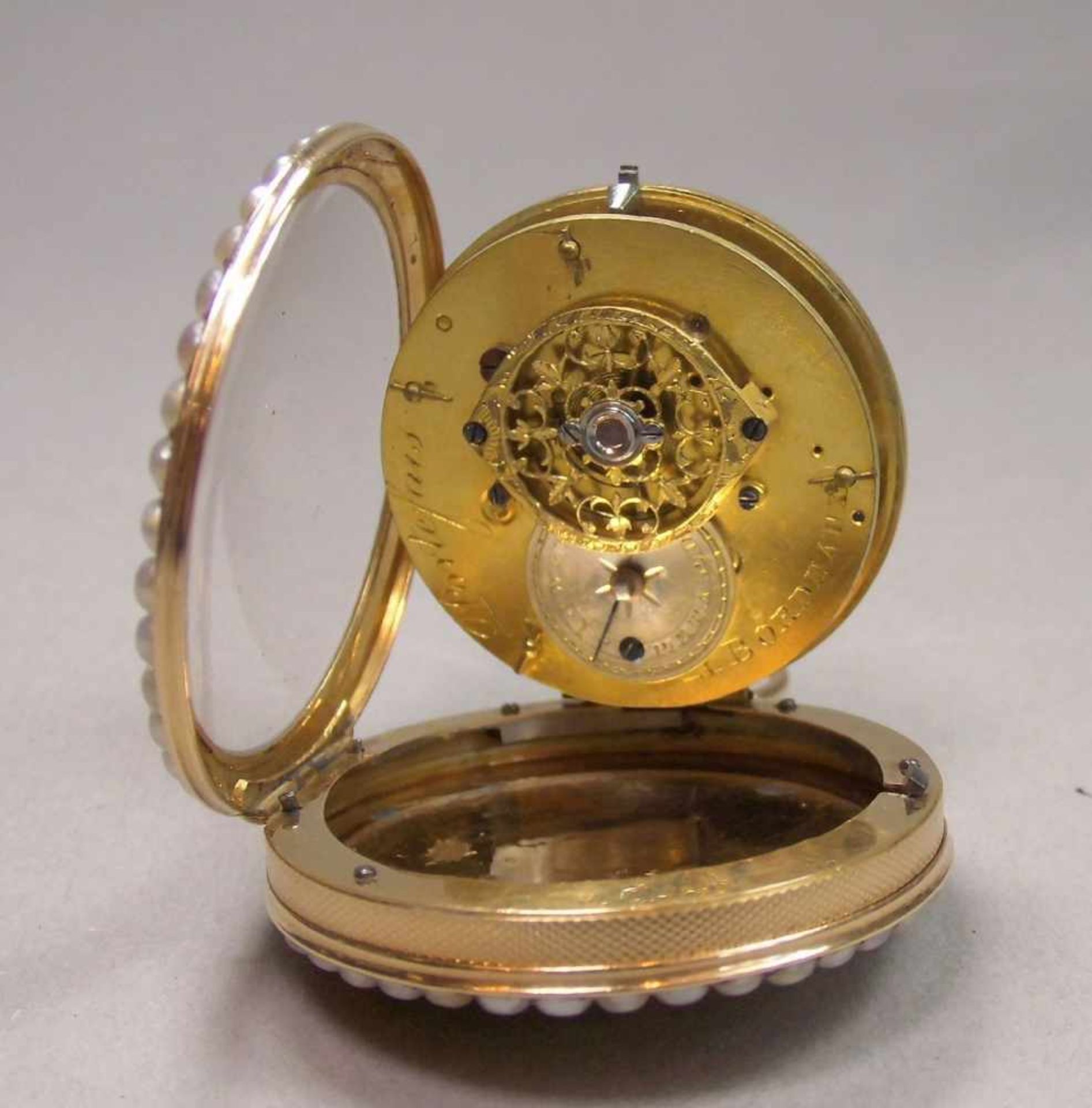 GOLDENE SPINDELTASCHENUHR / golden pocket watch, 585er bicolor Gold (mit Säure getestet) und mit - Image 3 of 12