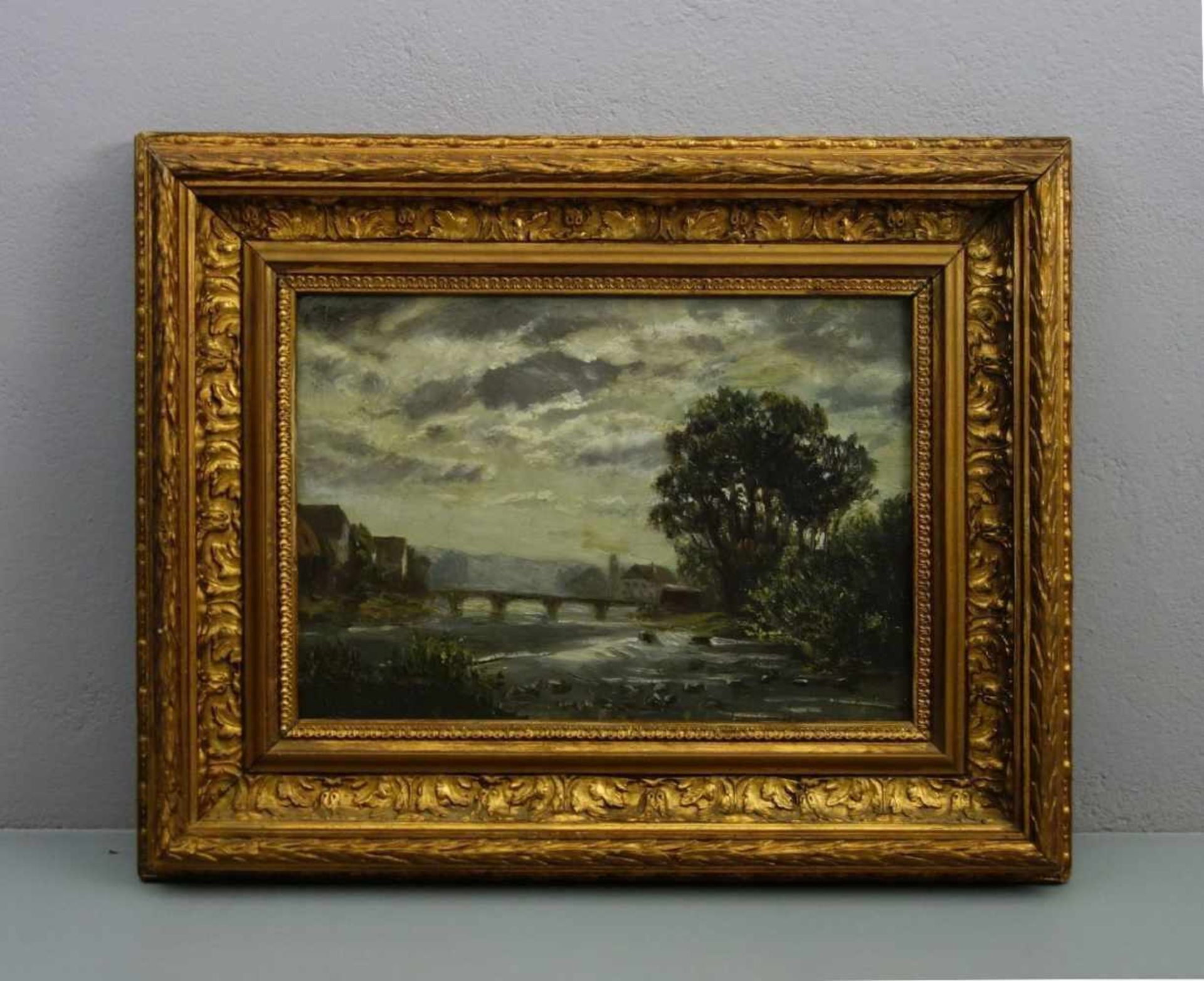 MALER DES 19. JH., Gemälde / painting: "Mondscheinlandschaft - Brücke am Fluss", Öl auf Platte,