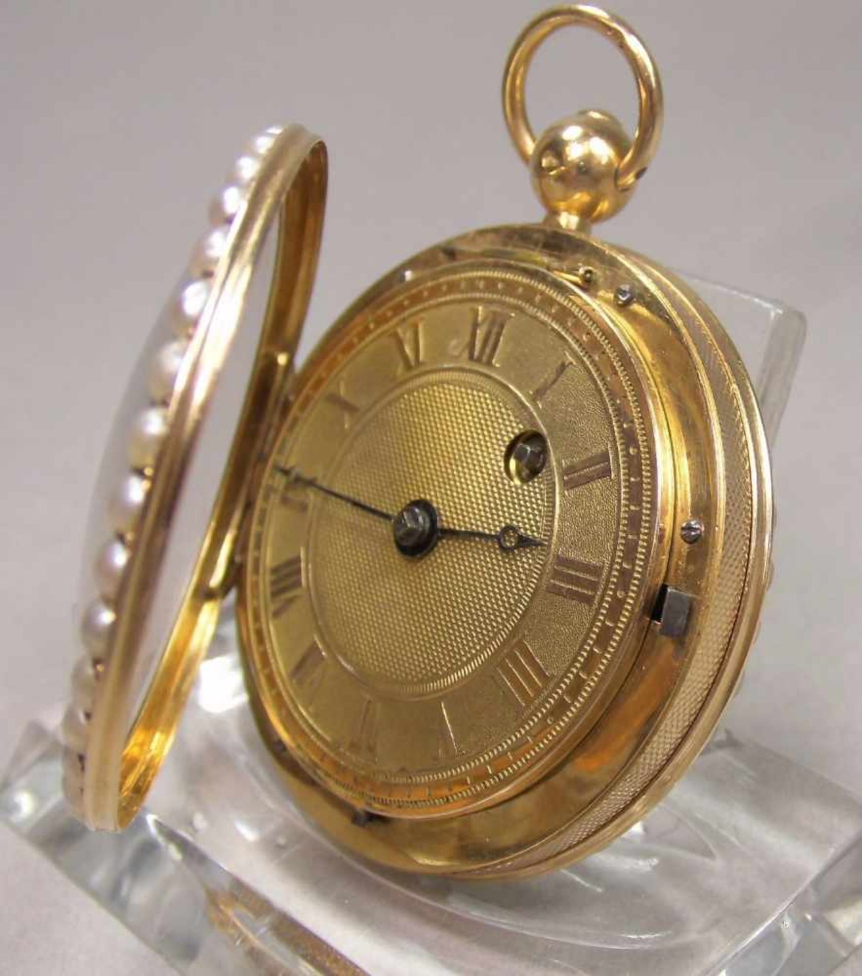 GOLDENE SPINDELTASCHENUHR / golden pocket watch, 585er bicolor Gold (mit Säure getestet) und mit - Image 7 of 12