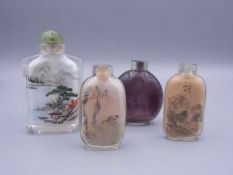 VIER SNUFF-BOTTLES / SCHNUPFTABAK-BEHÄLTER / TABAK-GEFÄSSE, China, Glas und Stein. Insgesamt vier