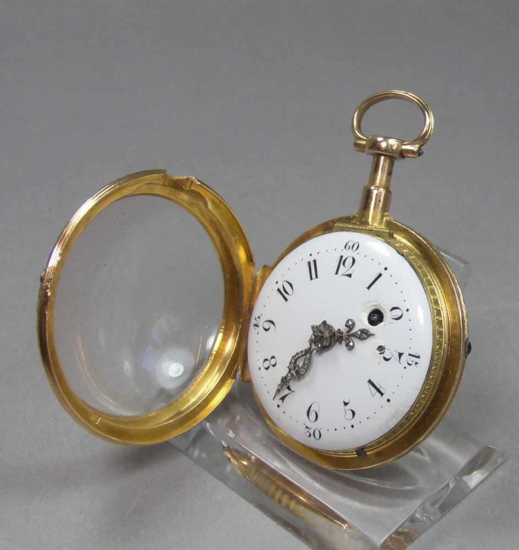 GOLDENE SPINDELTASCHENUHR / a golden pocket watch, bicolor Gold und mit französischen Punzen: - Bild 7 aus 12