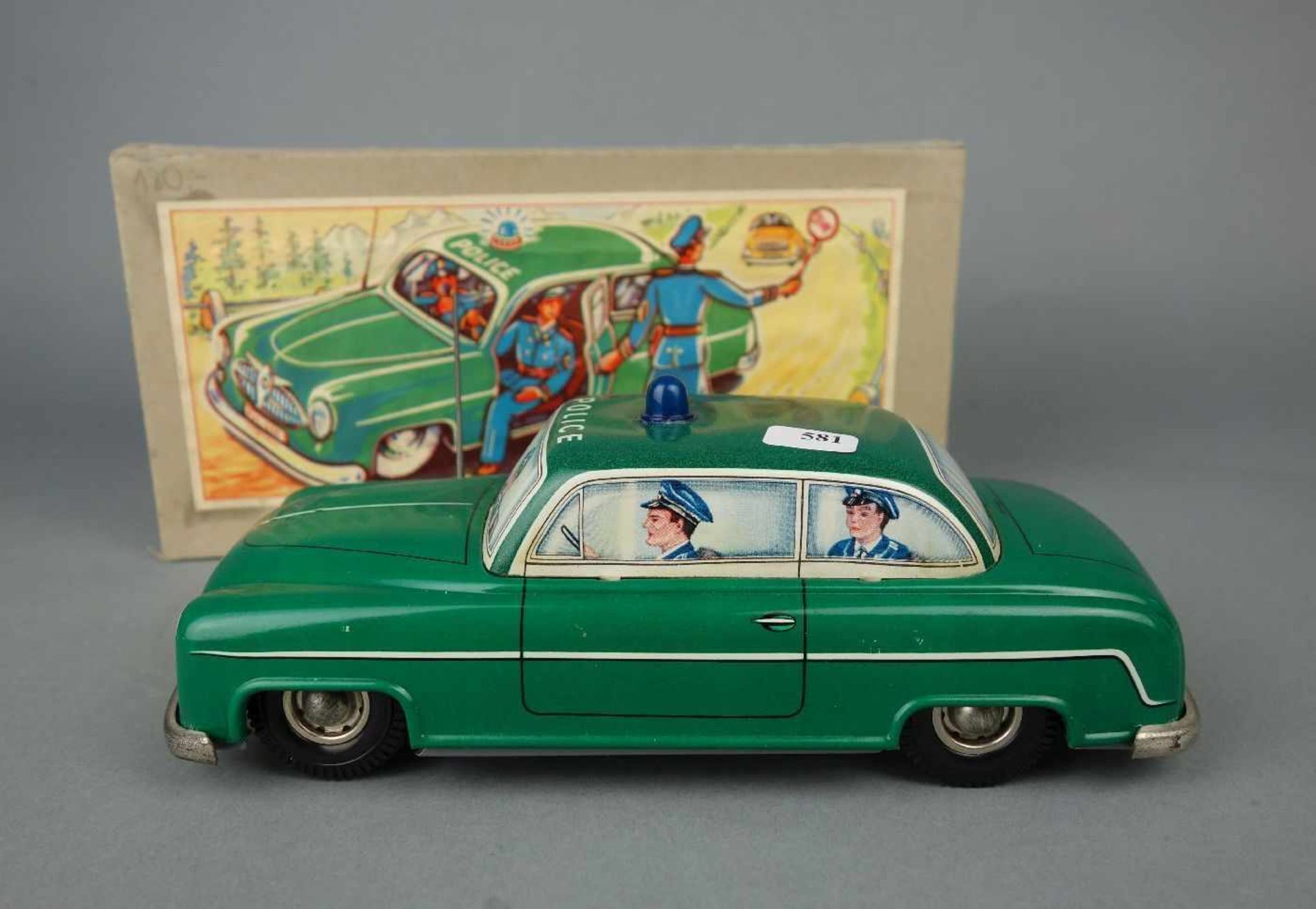 BLECHSPIELZEUG / FAHRZEUG: Polizeiauto, tin toy police car, Mitte 20. Jh., Manufaktur Blomer &