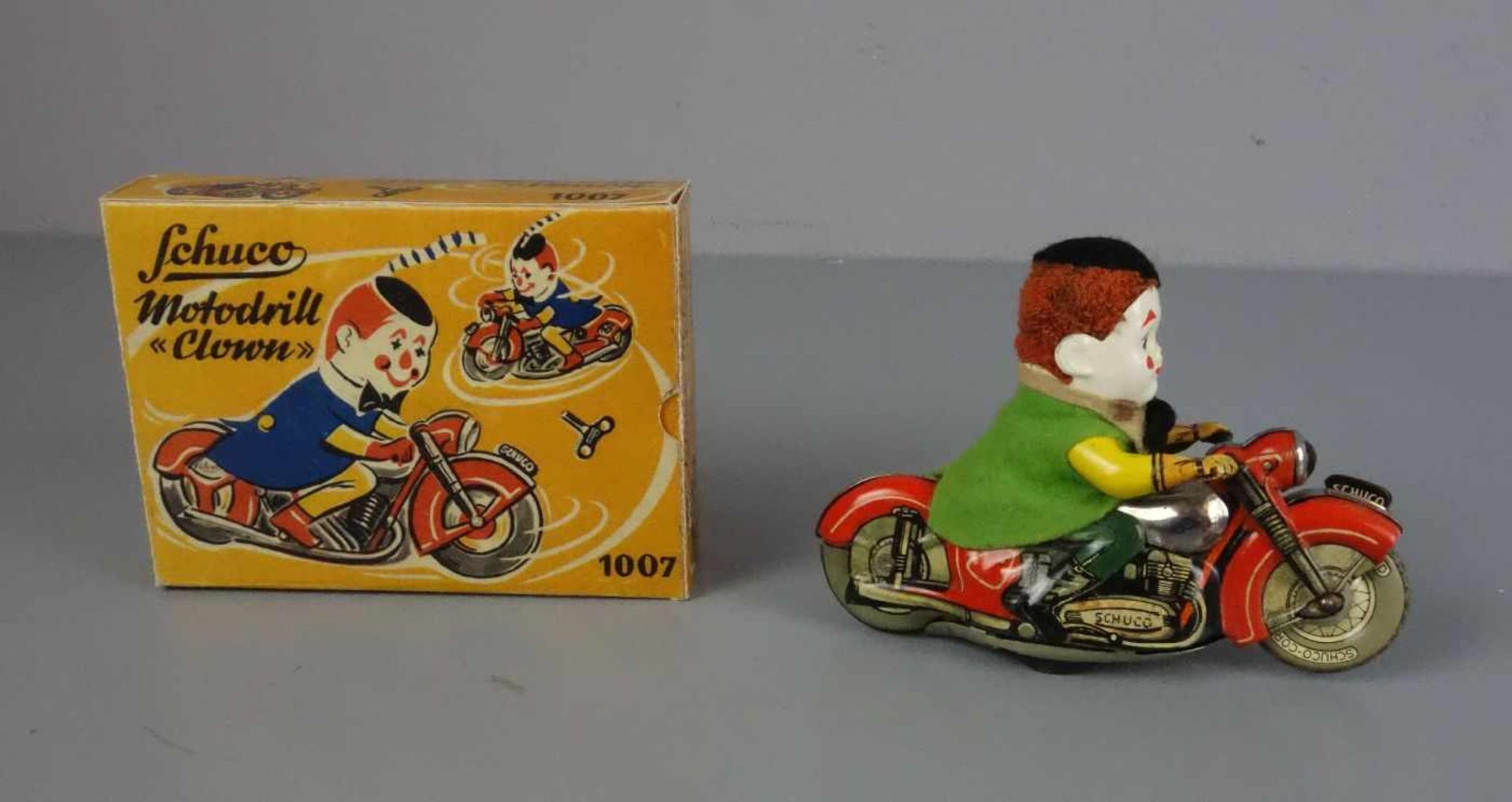 BLECHSPIELZEUG: Motodrill "Clown" 1007 / tin toy clown, 1950er Jahre, Manufaktur Schuco / - Bild 2 aus 4