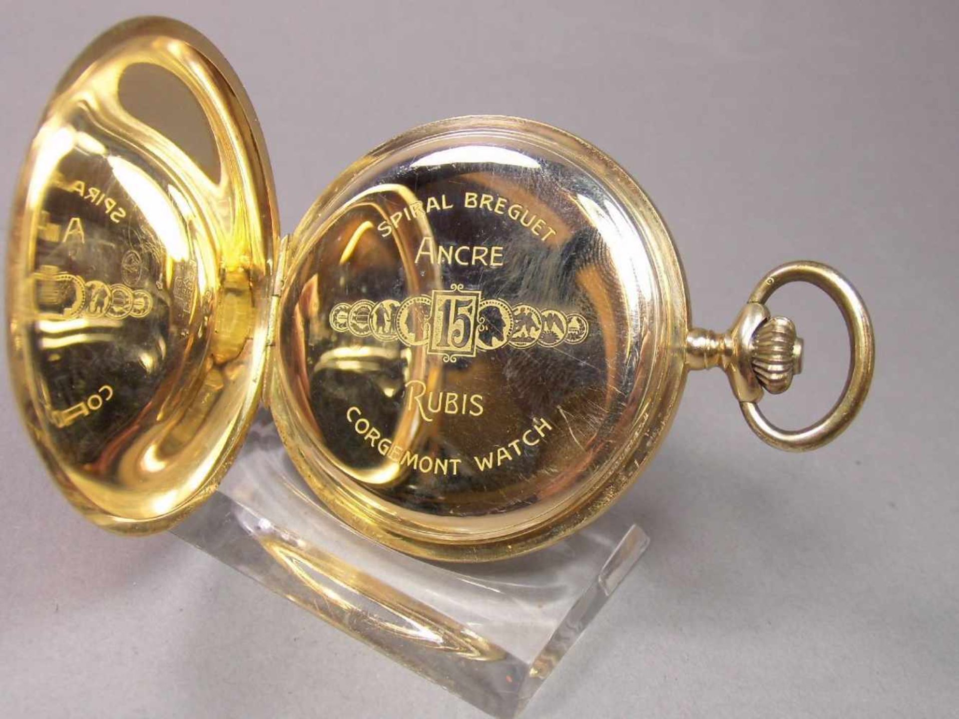 GOLD-SAVONETTE / TASCHENUHR MIT SPRUNGDECKEL / hunter case pocket watch, 1. H. 20. Jh., - Bild 7 aus 7