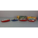 KONVOLUT VON 4 BLECHSPIELZEUG BOOTEN / toy boats, Mitte 20. Jh., lithografiertes Blech und