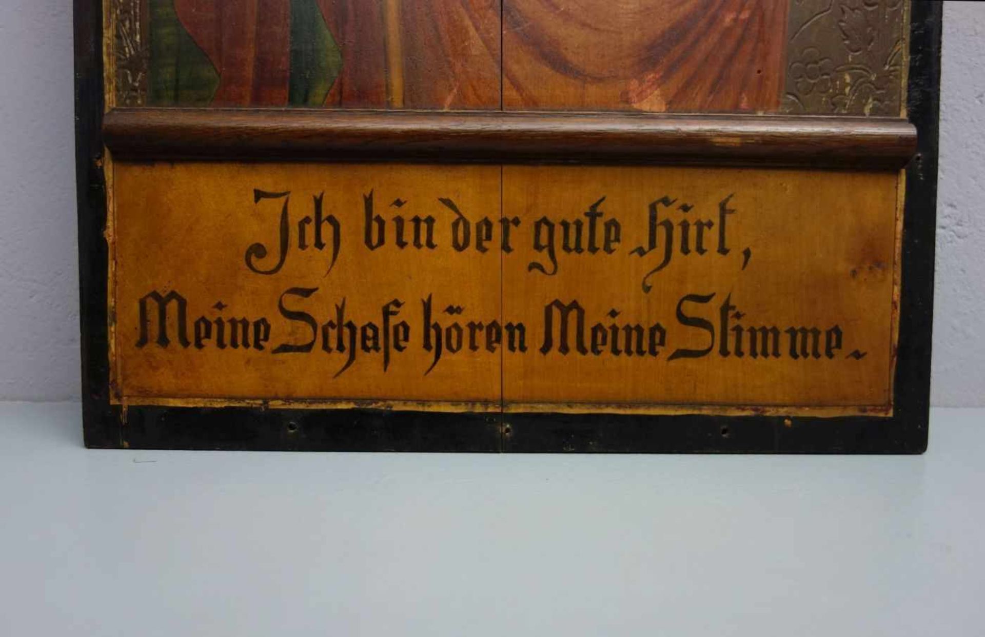 NEUGOTISCHES GEMÄLDE "Christus als guter Hirte", Öl auf Holz / painting, oil on wood, um 1880. Aus - Image 2 of 3