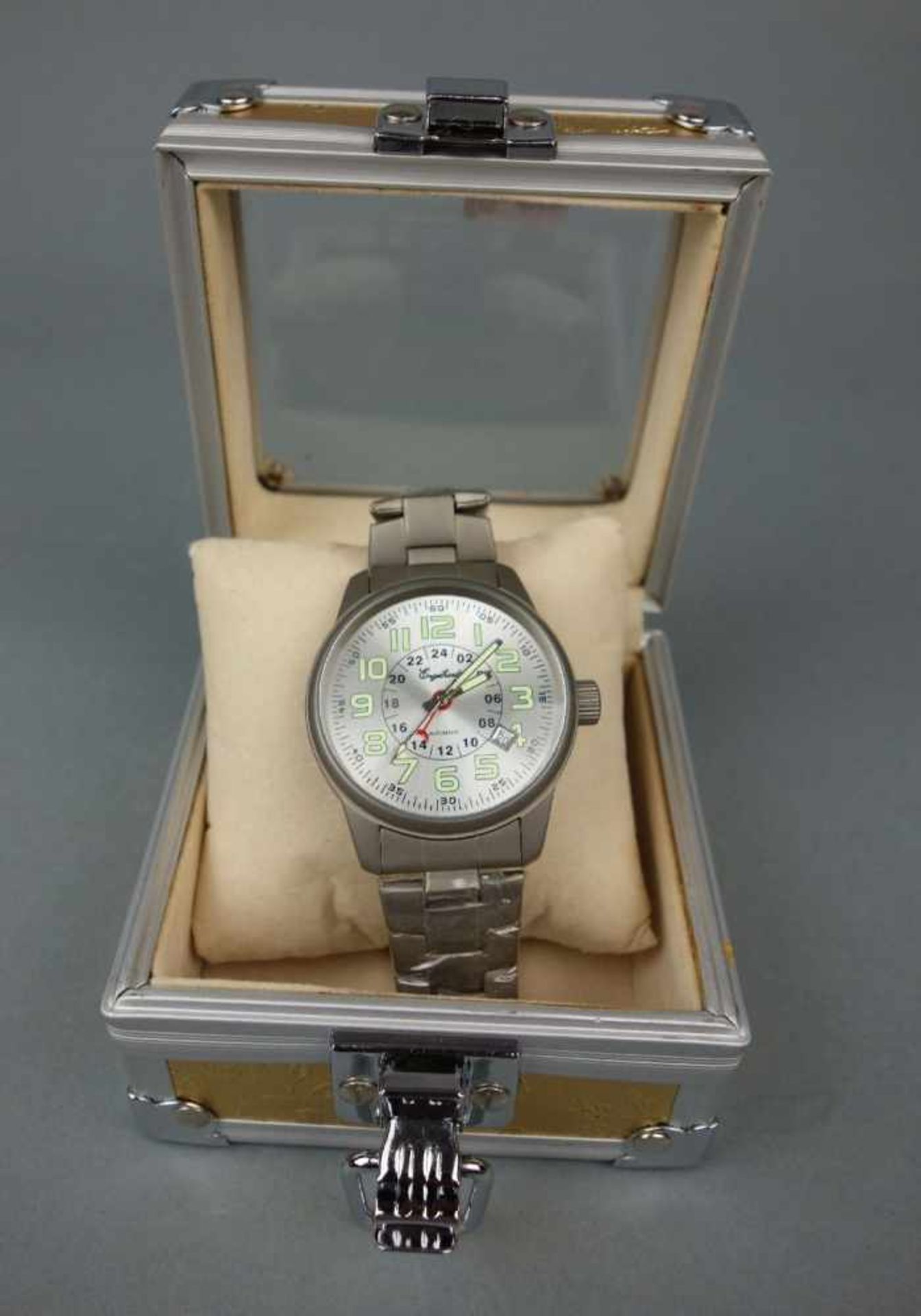 NEUWERTIGE ENGELHARDT ARMBANDUHR / wristwatch, Automatik-Uhr. Rundes mattiertes Stahlgehäuse mit