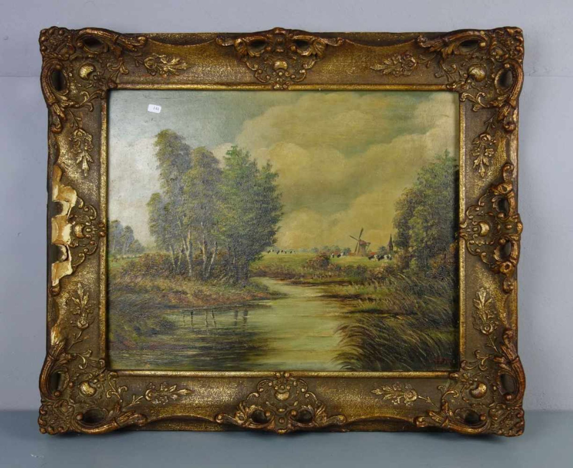 LANDSCHAFTSMALER DES 20. / 21. JH., Gemälde / painting: "Landschaft mit Fluss und Mühle", Öl auf