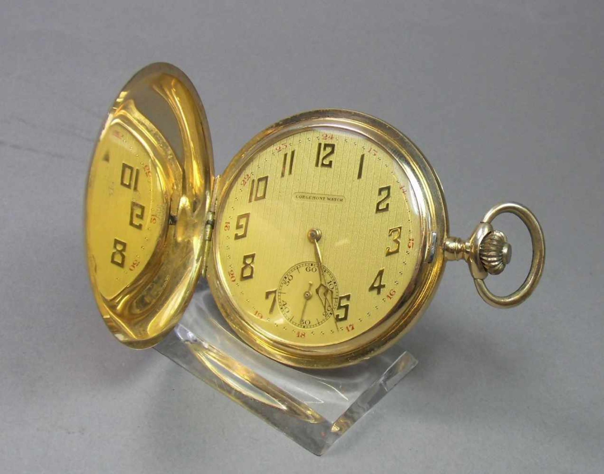 GOLD-SAVONETTE / TASCHENUHR MIT SPRUNGDECKEL / hunter case pocket watch, 1. H. 20. Jh.,