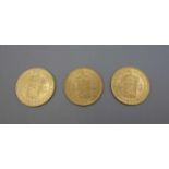 DREI GOLDMÜNZEN: 3 x 10 GULDEN WILHELMINA MIT KRONE / three gold coins, 3 x Jahrgang 1917, 900er