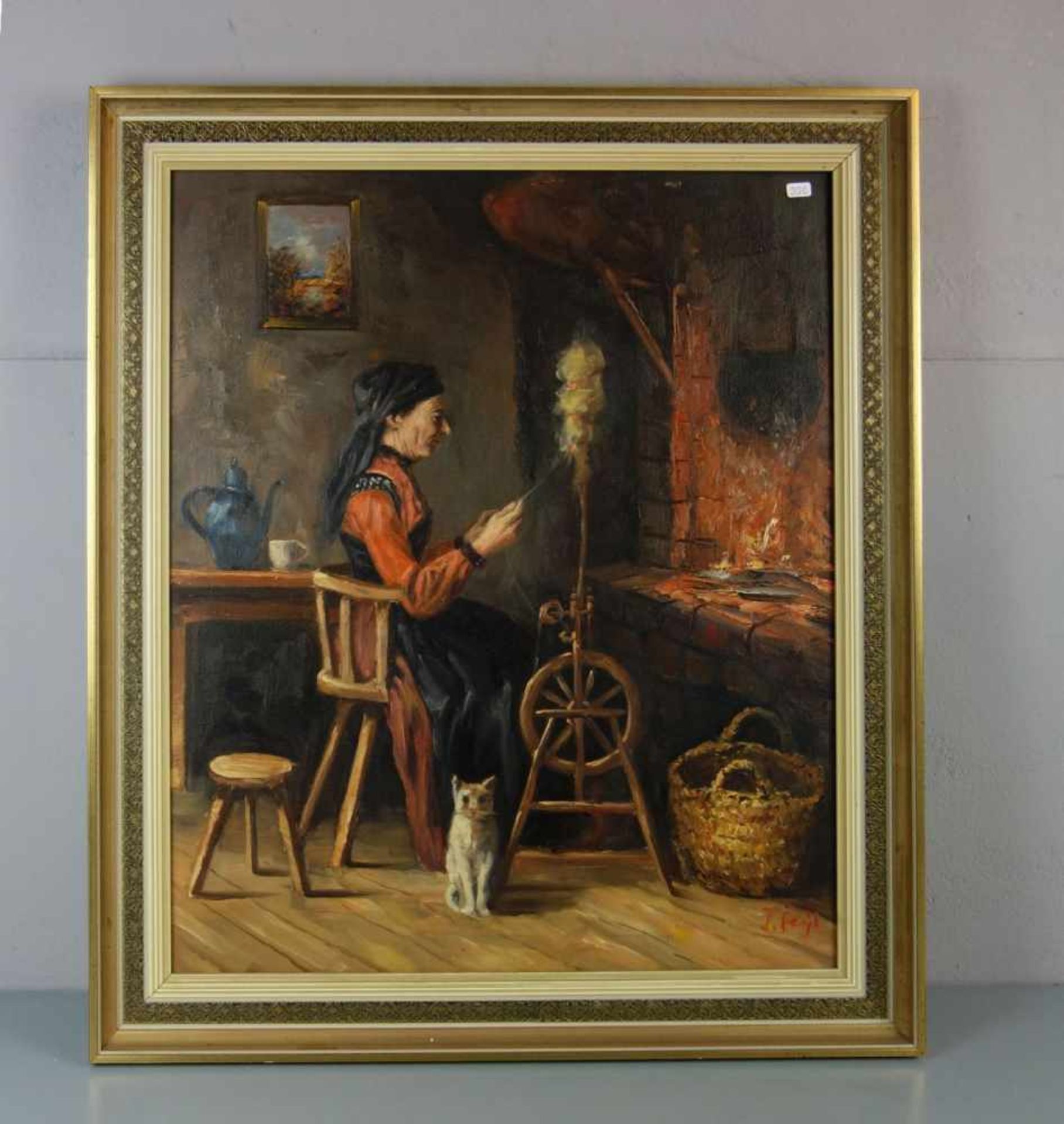 GRAU-FEYL, IRENA (IRENA GRAU, 20. Jh.), Gemälde / painting: "Frau am Spinnrad", Öl auf Leinwand /